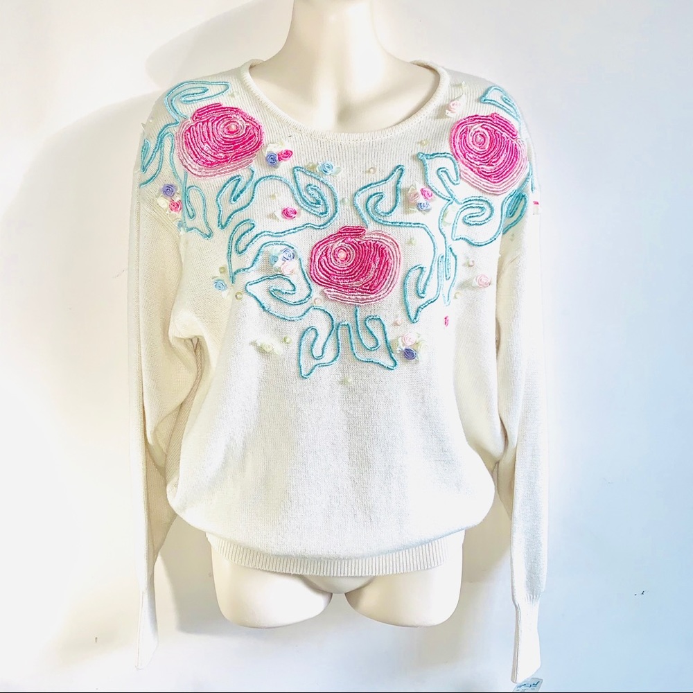 Vintage 80’s Floral Carlos Arias Cottage Core Creamy White Sweater NWT M…